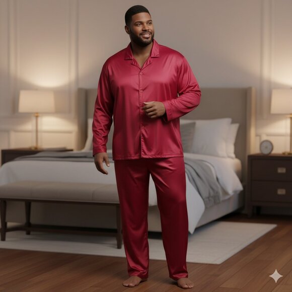Men's Luxurious Silky Cranberry Red Pajama Set VINTAGE VIBE - 2XL KING SIZE - Picture 1 of 6